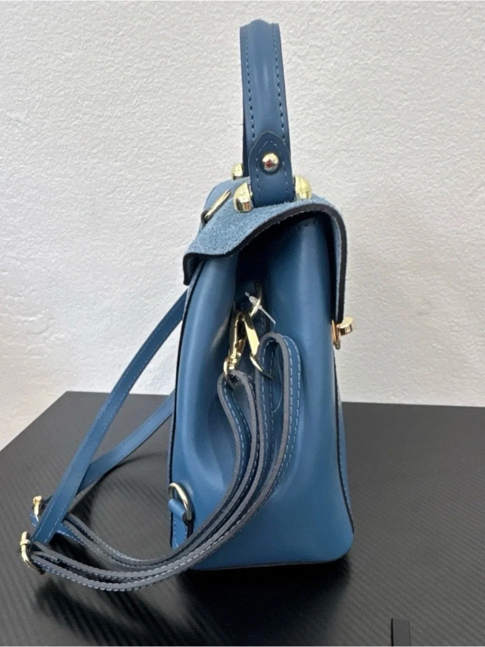 Viola Castellani blue small satchel top handle bag detachable straps